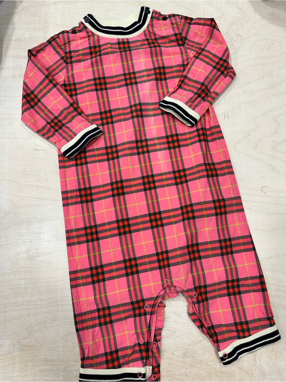 Burberry Pink Plaid Baby One-Piece with Black Contrast Trim